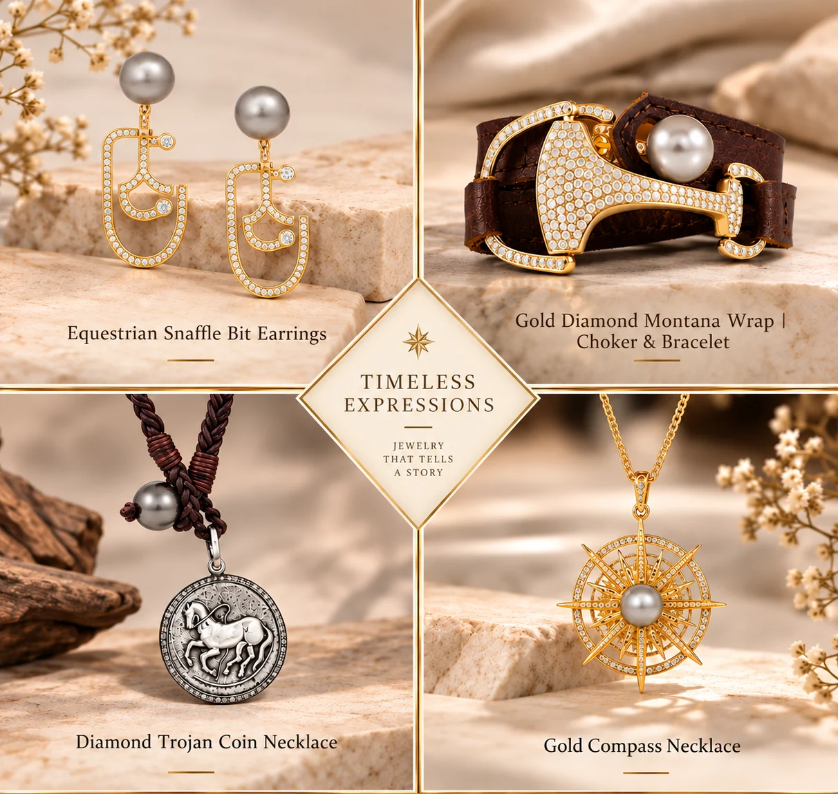 Equestrian Snaffle Bit Earrings, Gold Diamond Montana Wrap, Diamond Trojan Coin Necklace and Gold Compass Necklace