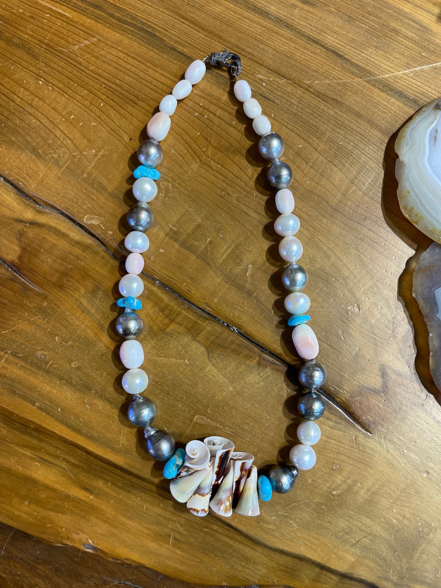 Conch Shell, Tahitian/Freshwater Pearls, Turquoise Necklace